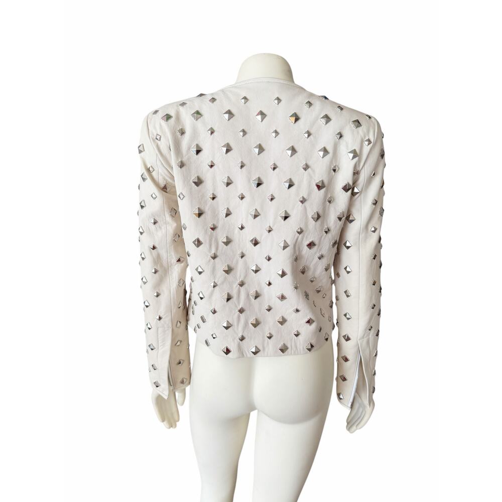 Diane Von Furstenberg Kate Leather Studded Cream Silver Jacket Sz 2 - Picture 9 of 16